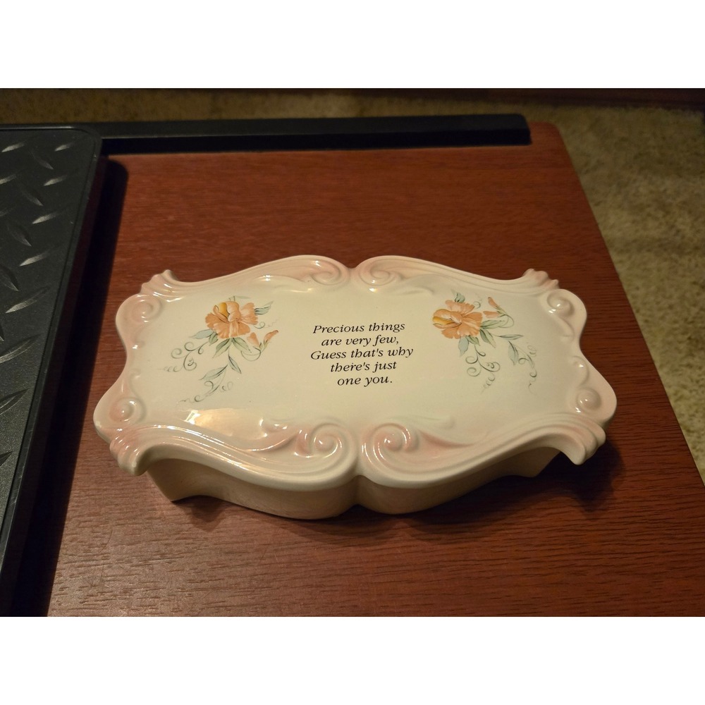 Vintage Ceramic Trinket Box Precious Things Quote Floral Jewelry Keepsake Dish